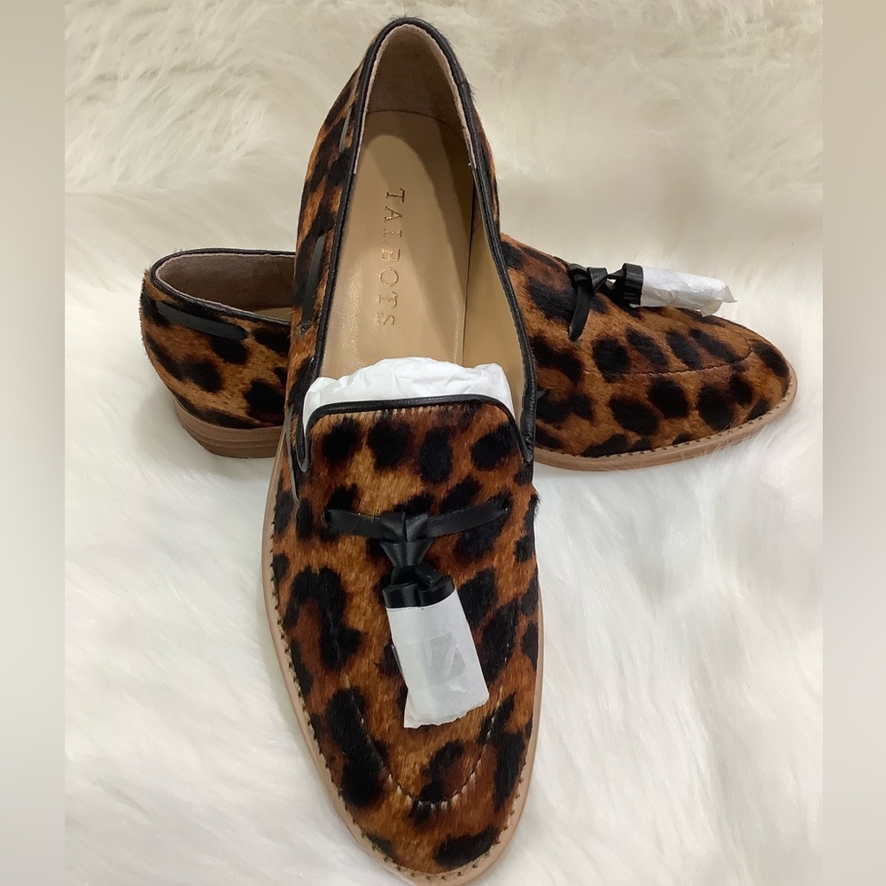 🖤 NEW🧡 Talbot Leighton Black & Brown Leopard Print Calf Hair Tassel Loafers